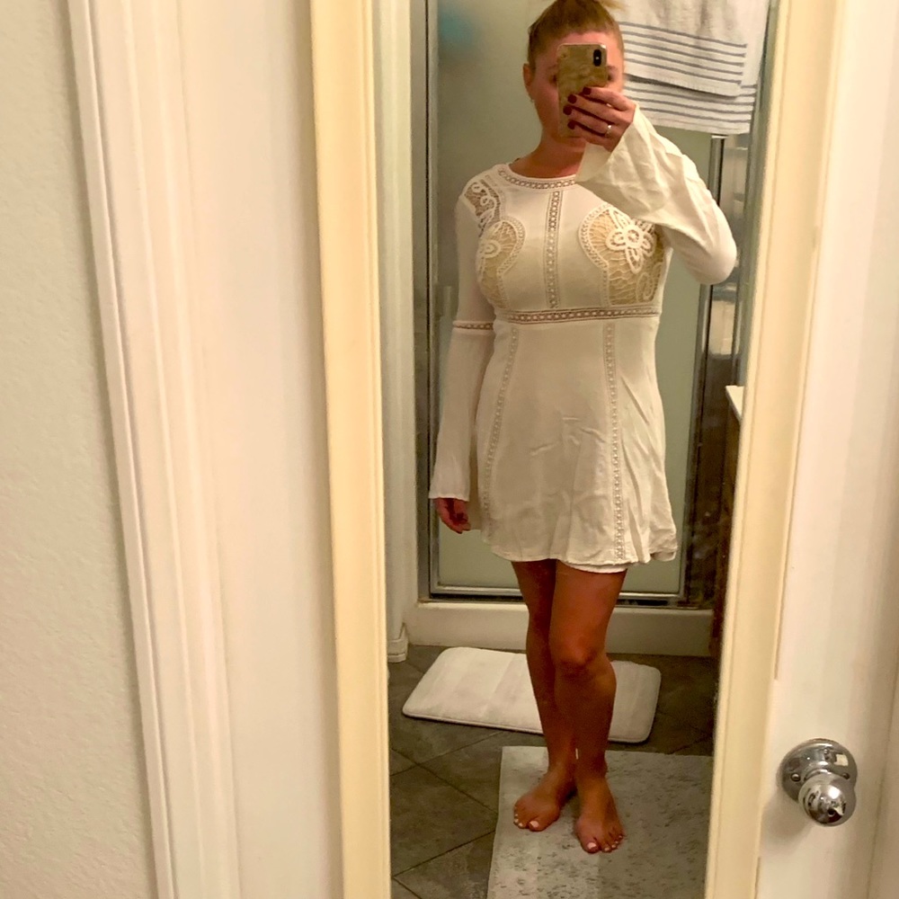 Hippie-inspired, crochet detail dress, bell sleeve